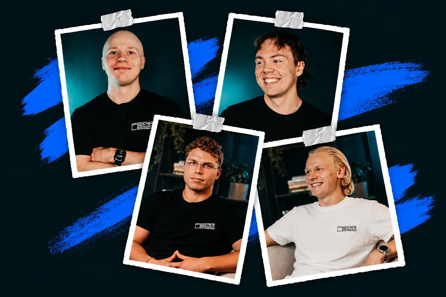 Fearlessin tiimi: neljä polaroid-muotokuvaa sinisen siveltimenvedon päällä